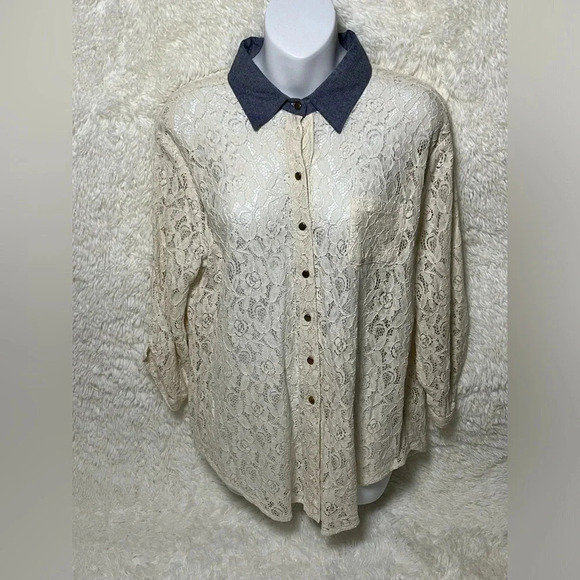 Signature Studio Lace Button-Up Top - Picture 1 of 7